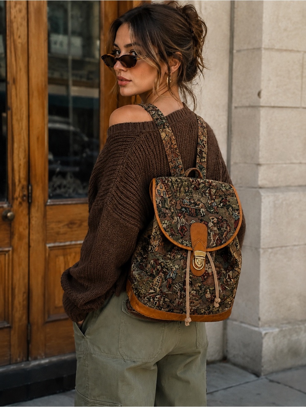 Gobelins Art Vintage 90s Tapestry Boho  Drawstring Backpack Satchel w/ Pouch